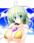  ahoge alternate_breast_size aqua_eyes bikini_top blush breasts cloud cloudy_sky green_hair heart_ahoge heart_hair huge_breasts komeiji_koishi looking_at_viewer osashin_(osada) short_hair sky solo third_eye touhou 