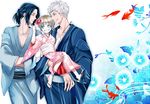  2boys bad_id bad_pixiv_id black_hair blonde_hair blue_eyes carrying father_and_daughter fish flower goldfish grey_eyes grin hair_bun hair_flower hair_ornament japanese_clothes kimono morning_glory multiple_boys nero_(koyuki) ponytail ronoue_genji sandals smile umineko_no_naku_koro_ni ushiromiya_beatrice ushiromiya_kinzou white_hair younger yukata 