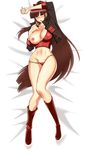  1girl absurdres areolae bed boots breast_slip breasts brown_hair curvy earrings female green_eyes highres jacket jewelry kneehighs legs long_hair long_ponytail lying navel nipples no_pants no_skirt on_back panties ponytail solo string_panties tamanegiya underwear 