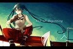  commentary_request copyright_name crimsonseed gloves goggles goggles_around_neck green_eyes green_hair hatsune_miku letterboxed long_hair sitting solo twintails very_long_hair vocaloid 