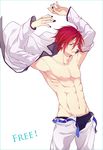  free! groin male_focus male_swimwear matsuoka_rin open_clothes open_shirt red_eyes red_hair sara666 shirt solo swim_trunks swimwear 