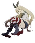  ankle_boots ass bad_id bad_pixiv_id banned_artist bare_shoulders black_panties blonde_hair boots elbow_gloves fetal_position full_body gloves grey_footwear hair_ribbon harano kantai_collection long_hair lying on_side open_mouth panties ribbon sailor_collar shimakaze_(kantai_collection) simple_background skirt smile solo striped striped_legwear thighhighs underwear very_long_hair white_background white_gloves yellow_eyes 