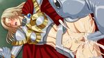  1girl abs armor blonde_hair blush breasts censored cum cum_explosion cum_in_pussy defeated eyes_closed fishman inja_no_kuruwa knight large_breasts long_hair loss_war_iii missionary monster mosaic_censoring penis rape restrained sex toned vaginal 