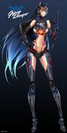  absurdres arm_blade bad_id bad_pixiv_id bare_shoulders black_hair blue_hair breasts character_name crest elbow_gloves full_body gauntlets gipsy_danger gloves gradient_hair hand_on_hip headgear highleg highleg_panties highres long_hair long_legs mecha_musume medium_breasts multicolored_hair pacific_rim panties personification sigm@ slender_waist smile thighhighs underboob underwear very_long_hair visor weapon yellow_eyes 