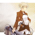  areri belt blonde_hair emblem garrison_regiment_(emblem) glasses jacket paradis_military_uniform rico_brzenska shingeki_no_kyojin short_hair solo thigh_strap 