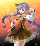  bad_id bad_pixiv_id biwa_lute blush chain dress flower hair_flower hair_ornament instrument long_hair long_sleeves looking_at_viewer lute_(instrument) musical_note nise_nanatsura purple_eyes purple_hair smile solo touhou tsukumo_benben 