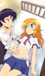  1girl bad_perspective bed black_hair blue_eyes brother_and_sister eye_contact highres kaburaya_seiden kousaka_kirino kousaka_kyousuke long_hair looking_at_another navel orange_hair ore_no_imouto_ga_konna_ni_kawaii_wake_ga_nai panties pregnant school_uniform serafuku shirt_lift short_hair siblings striped striped_panties underwear 