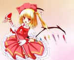  baton blonde_hair bow cardcaptor_sakura cosplay dress fang flandre_scarlet gloves hat kinomoto_sakura kinomoto_sakura_(cosplay) looking_at_viewer magical_girl misoshiru_(meridianchild312) open_mouth pink_hat puffy_sleeves red_dress ribbon shirt short_sleeves side_ponytail smile solo touhou wand white_gloves wings wrist_ribbon 