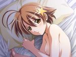  1girl bed breasts brown_hair game_cg hair_ornament katakura_shinji kira_kira nude orange_eyes pillow shiino_kirari short_hair 