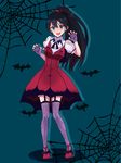  bat black_hair blue_eyes claw_pose costume earrings fangs full_body ganaha_hibiki garter_straps gloves highres idolmaster idolmaster_(classic) iketsuko jewelry long_hair my_dear_vampire ponytail smile solo spider_web_print thighhighs 