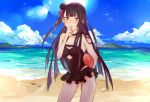  1girl ball beach beachball blue_sky blush breasts cleavage cloud cloudy_sky commentary_request girls_frontline hair_ribbon island_kahuna long_hair looking_at_viewer ocean purple_hair red_eyes ribbon sky solo swimsuit wa2000_(girls_frontline) yichuan 