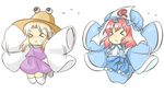  &gt;_&lt; :&lt; blonde_hair blue_dress chibi closed_eyes dress flapping flying_sweatdrops hat jumping long_sleeves moriya_suwako multiple_girls outstretched_arms pink_hair saigyouji_yuyuko sash shirt simple_background skirt skirt_set thighhighs touhou triangular_headpiece veil vest white_background white_legwear wide_sleeves yuuma_(pumpkin) zettai_ryouiki 