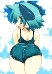  ass bare_shoulders bent_over blue_eyes blue_hair looking_back one-piece_swimsuit open_mouth original pointy_ears sakaki_(noi-gren) short_hair smile solo swimsuit 