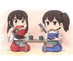  akagi_(kantai_collection) armor bowl brown_eyes brown_hair chibi chopsticks cup eating food japanese_clothes kaga_(kantai_collection) kantai_collection long_hair masuneko multiple_girls muneate ponytail rice side_ponytail table takuan 