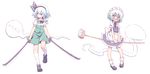  apron blue_eyes blush braid broom cosplay costume_switch dual_wielding hairband highres holding izayoi_sakuya izayoi_sakuya_(cosplay) konpaku_youmu konpaku_youmu_(cosplay) konpaku_youmu_(ghost) maid mop multiple_girls ribbon short_hair silver_hair simple_background skirt skirt_set sword taiga_mahoukan touhou twin_braids waist_apron weapon white_background 