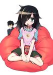  1girl bags_under_eyes bean_bag_chair black_hair blush brand_name_imitation brother_and_sister commentary_request food food_in_mouth green_eyes hair_over_one_eye kamitsurugi_ouka kuroki_tomoki kuroki_tomoko long_hair pocky siblings watashi_ga_motenai_no_wa_dou_kangaetemo_omaera_ga_warui! 