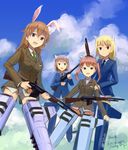  animal_ears blonde_hair brown_hair bunny_ears bunny_girl cat_ears cat_girl cecilia_e_harris charlotte_e_yeager cloud dated day francie_gerard grey_panties gun happy horse_ears horse_girl kanokoga light_machine_gun long_hair m1918_bar machine_gun marian_e_carl military military_uniform multiple_girls necktie noble_witches open_mouth orange_hair panties red_hair short_hair signature sky smile strike_witches striker_unit submachine_gun thompson_submachine_gun twintails underwear uniform weapon world_witches_series 