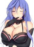  1girl ;) arm_under_breasts bare_shoulders blue_hair blush breasts choker cleavage daiaru elbow_gloves eyebrows_visible_through_hair gloves hair_between_eyes hand_to_own_mouth highres iris_heart jewelry kami_jigen_game_neptune_v large_breasts long_hair looking_at_viewer neptune_(series) one_eye_closed pink_eyes simple_background single_earring smile solo sweat upper_body white_background 