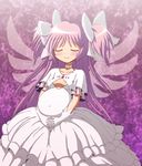  bad_id bad_pixiv_id blush choker closed_eyes collarbone covered_navel dress gloves highres interlocked_fingers kaname_madoka long_hair mahou_shoujo_madoka_magica outie_navel pink_hair pregnant smile solo two_side_up ultimate_madoka very_long_hair vzmk2 white_dress white_gloves wings 