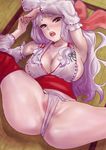  areola_slip areolae bangs blunt_bangs breasts cleavage detached_sleeves fundoshi idolmaster idolmaster_(classic) japanese_clothes large_breasts long_hair lying nekoi_mie on_back open_mouth partially_visible_vulva purple_hair see-through shijou_takane solo spread_legs thighhighs 