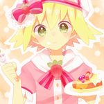  amitie_(puyopuyo) blonde_hair blueberry bow expressionless flipped_hair food food_on_face fork fruit green_eyes hat pie pink_bow plate puyopuyo puyopuyo_fever sepia_background shirt short_hair solo strawberry yo_(toriyyyyy) 