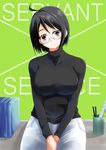  1girl black_hair blush book breasts desk glasses highres large_breasts looking_at_viewer morisoba_no_heya pencil_cup pens ruler servant_x_service short_hair simple_background solo sweater yamagami_lucy yamagami_lucy_kimiko_akie_airi_shiori_rinne_yoshiho_ayano_tomika_chitose_sanae_mikiko_ichika 