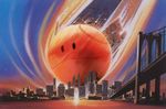  bridge building city cityscape colony_drop gundam haro meteor mobile_suit_gundam monster new_york no_humans outdoors river sky skyscraper smiley_face source_request sunset water 