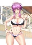  ayato bikini blush bracelet breasts chikage_(sister_princess) cleavage covered_nipples cross front-tie_top highres jewelry large_breasts layered_bikini long_hair looking_at_viewer mature navel o-ring o-ring_top older parted_lips purple_eyes purple_hair ring shiny shiny_skin sister_princess skindentation swimsuit 