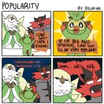  2019 black_fur brown_tail chesnaught comic dialogue dilukha e621 english_text excited eyes_closed fangs fur gloves_(marking) green_body grookey humor incineroar looking_at_another markings nervous nintendo open_mouth open_smile pink_nose pok&eacute;mon pok&eacute;mon_(species) raised_arm red_fur size_difference smile text video_games 