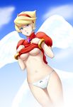  angel_wings blonde_hair blue_eyes blue_sky blush bow bow_panties breasts breath_of_fire breath_of_fire_iii cloud day dress dress_lift gem hairband looking_at_viewer medium_breasts multiple_wings navel nina_(breath_of_fire_iii) panties parted_lips short_hair sky solo sweatdrop thor_(deep_rising) underboob underwear white_panties wings 