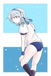  alternate_costume ass back blue_eyes blush braid buruma gym_uniform hairband highres izayoi_sakuya looking_back ponke short_hair silver_hair socks solo touhou twin_braids 