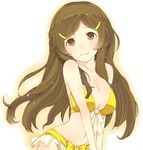  1girl bare_shoulders bikini blush breasts brown_eyes brown_hair cherry_boy_takashi cleavage hair_ornament hairclip highres large_breasts long_hair looking_at_viewer navel ribbon shinomiya_himawari solo swimsuit vividred_operation yellow_bikini 