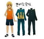  androgynous bad_id bad_pixiv_id blonde_hair full_body gakuran green_eyes inazuma_eleven inazuma_eleven_(series) jacket long_hair male_focus miyasaka_ryou raimon raimon_school_uniform school_uniform shorts smile soccer_uniform solo sportswear tan tank_top tomo_(sjim) track_jacket 