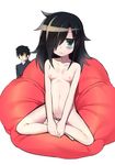  1girl bags_under_eyes bean_bag_chair black_hair blush breasts brother_and_sister green_eyes hair_over_one_eye kamitsurugi_ouka kuroki_tomoki kuroki_tomoko long_hair navel nipples nude pussy siblings small_breasts watashi_ga_motenai_no_wa_dou_kangaetemo_omaera_ga_warui! 