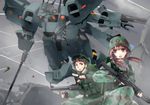  1girl assault_rifle august1st battle destruction fingerless_gloves flamethrower gloves goggles goggles_on_head gun hair_ribbon helmet load_bearing_vest mecha military military_uniform mizuki_(mizuki_ame) multiple_girls muvluv people's_liberation_army pointing qbz-03 red_hair ribbon rifle smoke soldier twintails uniform war weapon yellow_eyes 