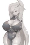  1girl alternate_costume armpits arms_up bare_shoulders bracelet breasts china_dress chinese_clothes cleavage closed_fan curvy dress earrings fan folding_fan greyscale hair_ornament holding holding_fan huge_breasts jewelry long_hair looking_at_viewer magister_(medical_whiskey) mole mole_on_breast monochrome pandora_smith panties parted_lips pelvic_curtain side-tie_panties sleeveless smile solo thick_thighs thighs underboob underwear very_long_hair wide_hips 