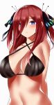  1girl arms_behind_back bangs bare_shoulders bikini bikini_top black_bikini_top blue_eyes blush breasts brown_hair cleavage closed_mouth cross-laced_bikini farys_(afopahqfw) go-toubun_no_hanayome hair_between_eyes hair_ornament hair_ribbon halterneck highres large_breasts long_hair nakano_nino navel ribbon solo stomach sweatdrop swimsuit 