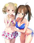  2girls @_@ alternate_hairstyle bangs bikini blue_bikini blush breasts brown_eyes brown_hair cleavage commentary_request cowboy_shot drill_hair earrings eyebrows_visible_through_hair floral_print flower flower_necklace frilled_bikini frills green_eyes hair_flower hair_ornament idolmaster idolmaster_cinderella_girls jewelry leaning_forward light_brown_hair long_hair looking_at_viewer medium_breasts morikubo_nono multiple_girls navel necklace open_mouth ponytail shibuya_rin short_hair simple_background smile sousakubito stud_earrings swimsuit twintails wavy_mouth white_background 