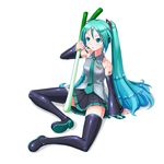  aqua_eyes aqua_hair arm_support boots copyright_name detached_sleeves hatsune_miku headset highres long_hair nail_polish necktie oonishi_shunsuke simple_background sitting skirt solo spring_onion tattoo thigh_boots thighhighs twintails very_long_hair vocaloid white_background 