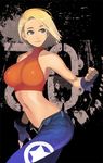  bangs bare_shoulders belt blonde_hair blue_eyes blue_mary breasts clenched_hand denim fatal_fury fingerless_gloves gloves halter_top halterneck jeans large_breasts navel open_fly pants short_hair smile solo star steward_b swept_bangs the_king_of_fighters unzipped 