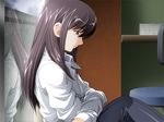  1girl brown_eyes brown_hair game_cg isurugi_chie katakura_shinji kira_kira purple_hair short_hair 