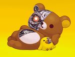  bird chick glowing glowing_eyes kiiroitori lying machinery no_humans on_side parts_exposed rilakkuma robot sakkan san-x simple_background stuffed_animal stuffed_toy t-800 teddy_bear terminator yellow_background 