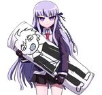  braid dakimakura_(object) danganronpa danganronpa_1 gloves highres kirigiri_kyouko long_hair long_sleeves love_lab naegi_makoto necktie parody pillow pink_eyes pink_hair rayno season_connection side_braid single_braid skirt solo standing very_long_hair white_background 