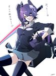  eyepatch fingerless_gloves gloves grin headgear kantai_collection machinery milcho partly_fingerless_gloves purple_hair scabbard sheath short_hair smile solo sword tenryuu_(kantai_collection) thighhighs weapon yellow_eyes 