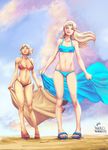  bad_id bad_pixiv_id beach_towel bikini blonde_hair blue_bikini blue_eyes breasts cleavage closed_eyes dc_comics highres large_breasts lipstick long_hair makeup multiple_girls navel paulo_barrios platform_footwear platform_heels power_girl red_bikini sandals short_hair small_breasts smile supergirl swimsuit toes toned towel underboob 