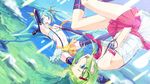  :d absurdres aqua_eyes aqua_hair arm_up armpits dutch_angle falling green_eyes green_hair gumi hair_ribbon hatsune_miku headset highres long_hair microphone multiple_girls navel no.734 open_mouth ribbon short_hair skirt smile socks suspenders thighhighs twintails upside-down very_long_hair vocaloid 