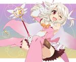  ;d elbow_gloves fate/kaleid_liner_prisma_illya fate_(series) feathers ginmaru gloves hair_feathers holding holding_wand illyasviel_von_einzbern kaleidostick long_hair magical_girl magical_ruby one_eye_closed open_mouth prisma_illya red_eyes smile solo thighhighs two_side_up v wand white_hair 