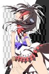  black_hair bow head_tilt horns kijin_seija multicolored_hair red_eyes red_hair sakurame short_hair smile solo tongue tongue_out touhou white_hair yagasuri 