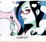  black_hair candy daromeon food glasses heart ketchup_ninja lollipop long_hair marker_(medium) red-framed_eyewear semi-rimless_eyewear shikishi solo speech_bubble tinting_(ketchup_ninja) traditional_media under-rim_eyewear 