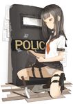  black_hair brown_eyes gun highres holster knife long_hair one_knee original panties riot_shield school_uniform serafuku shell_casing skirt_basket solo thigh_holster throtem underwear weapon 